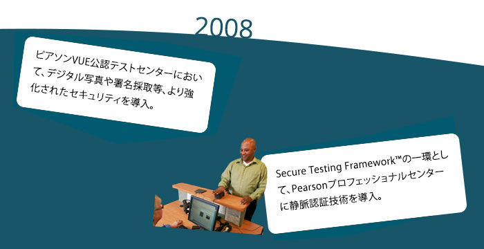 2008: ピアソンVUE公認テストセンターにおいて、デジタル写真や署名採取等、より強化されたセキュリティを導入。Secure Testing Framework™の一環として、Pearsonプロフェッショナルセンターに静脈認証技術を導入。